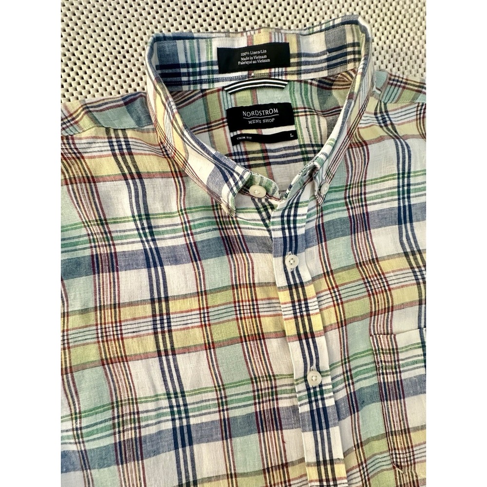 Nordstrom Shirt L Men's Shop 100% Linen Short Sleeve Button Down Trim Fit Plaid